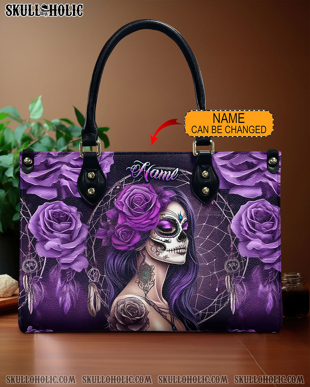 BLISSCORNERS SUGAR SKULL LADY PURPLE ROSE LEATHER HANDBAG