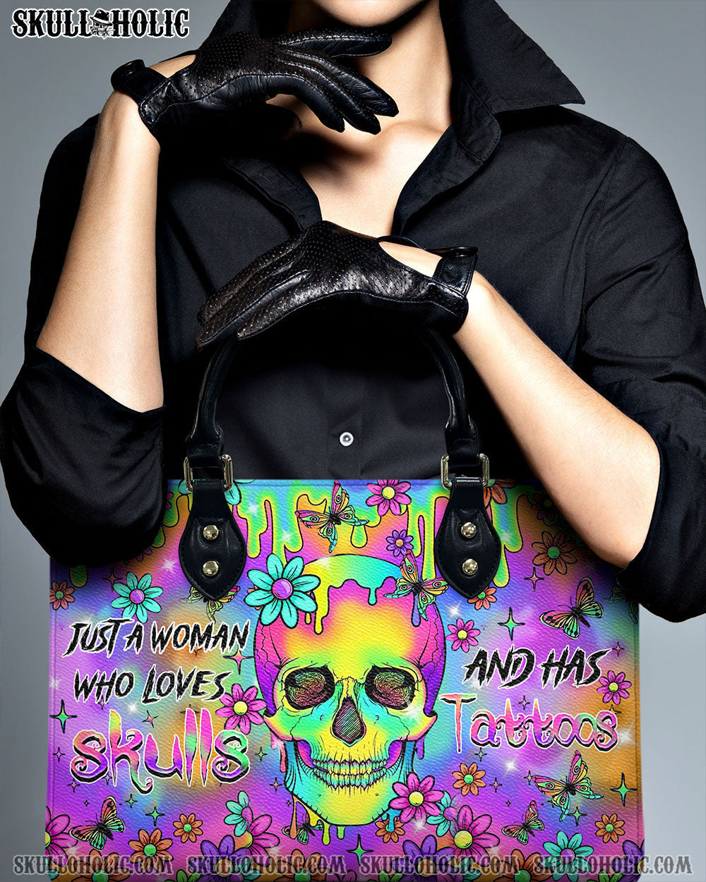 BLISSCORNERS JUST A WOMAN WHO LOVES SKULLS AND HAS TATTOOS LEATHER HANDBAG