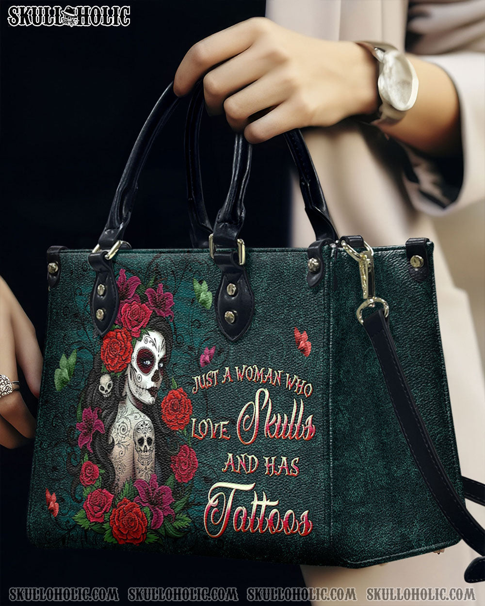 BLISSCORNERS JUST A WOMAN WHO LOVES SKULL AND HAS TATTOOS LEATHER HANDBAG
