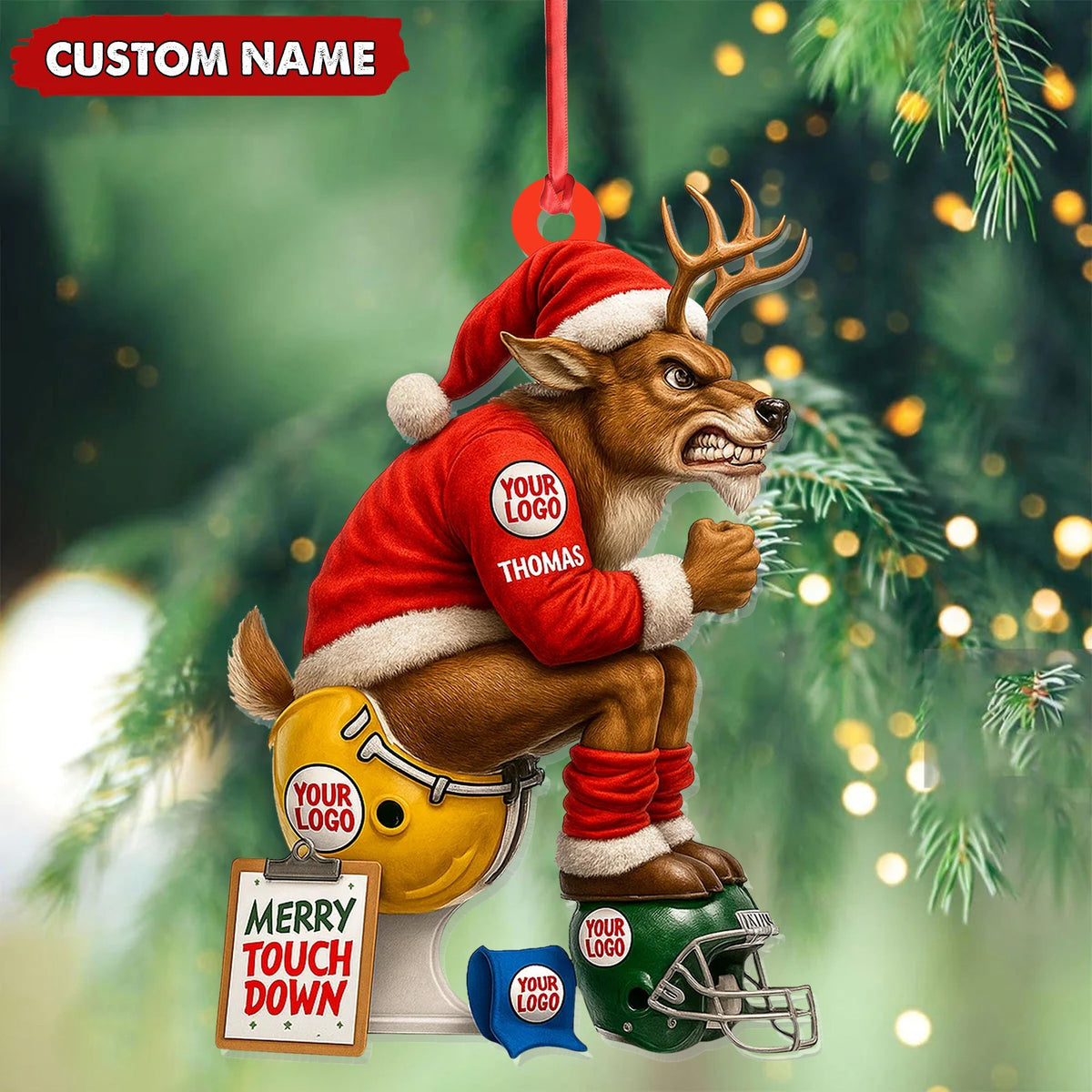 Blisscorners Personalized Football Christmas Ornament, Custom Reindeer Santa Touchdown Decoration, Funny Custom Name Team Logo Gift