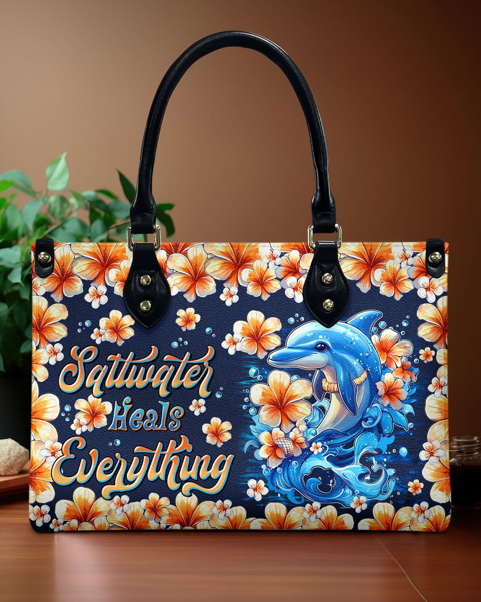 BLISSCORNERS SALTWATER HEALS EVERYTHING DOLPHIN LEATHER HANDBAG