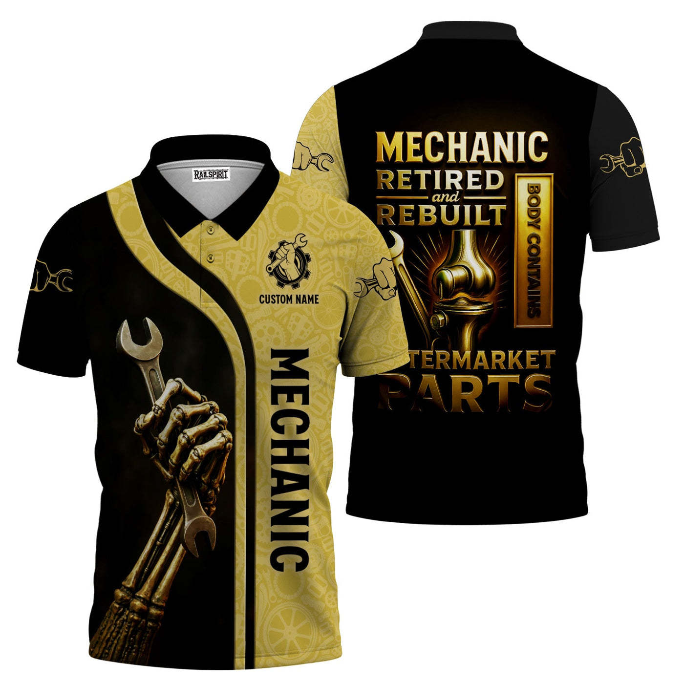 Blisscorners Personalized T-Shirt Mechanic Retired And Rebuilt Body Contains Aftermarket Parts Bony Hand Design Shirt