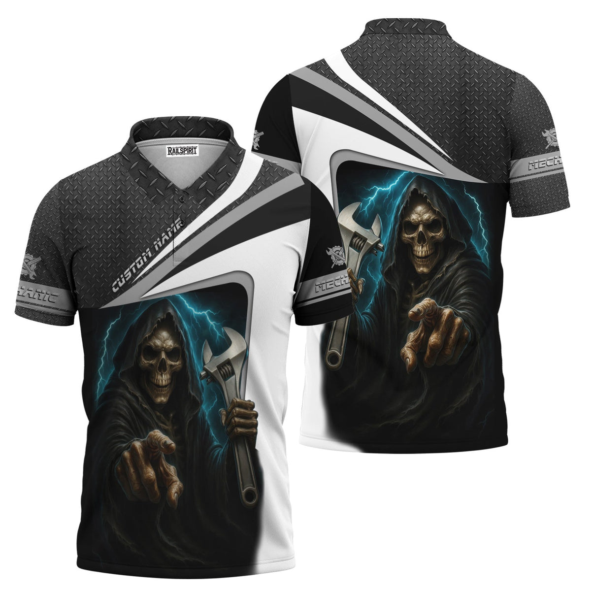 Blisscorners Custom Name Mechanic Shirt Grim Reaper Holding Wrench with Thunder Design T Shirt