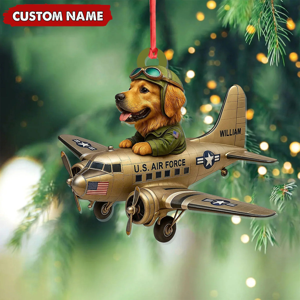Blisscorners Personalized Dog Pilot Christmas Ornament And Keychain, Custom Name U.S. Air Force Airplane, Military Dog Lover Tree Decor Gift