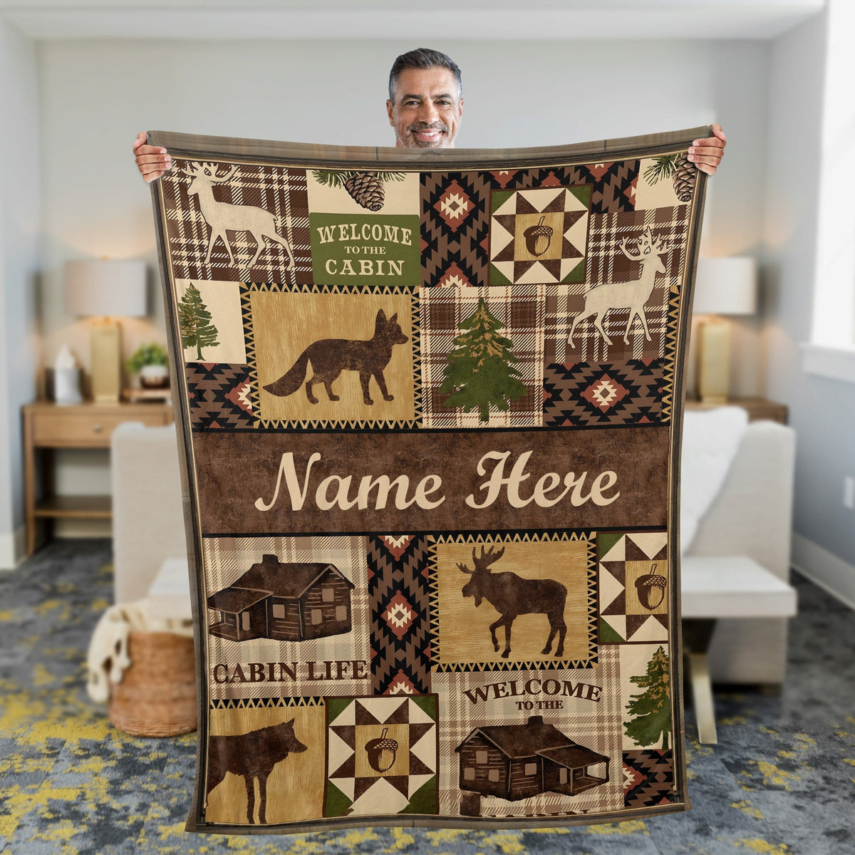 Blisscorners Personalized Hunting Cabin Life Fleece Blanket - Rustic Lodge Throw with Wildlife Design LM1611