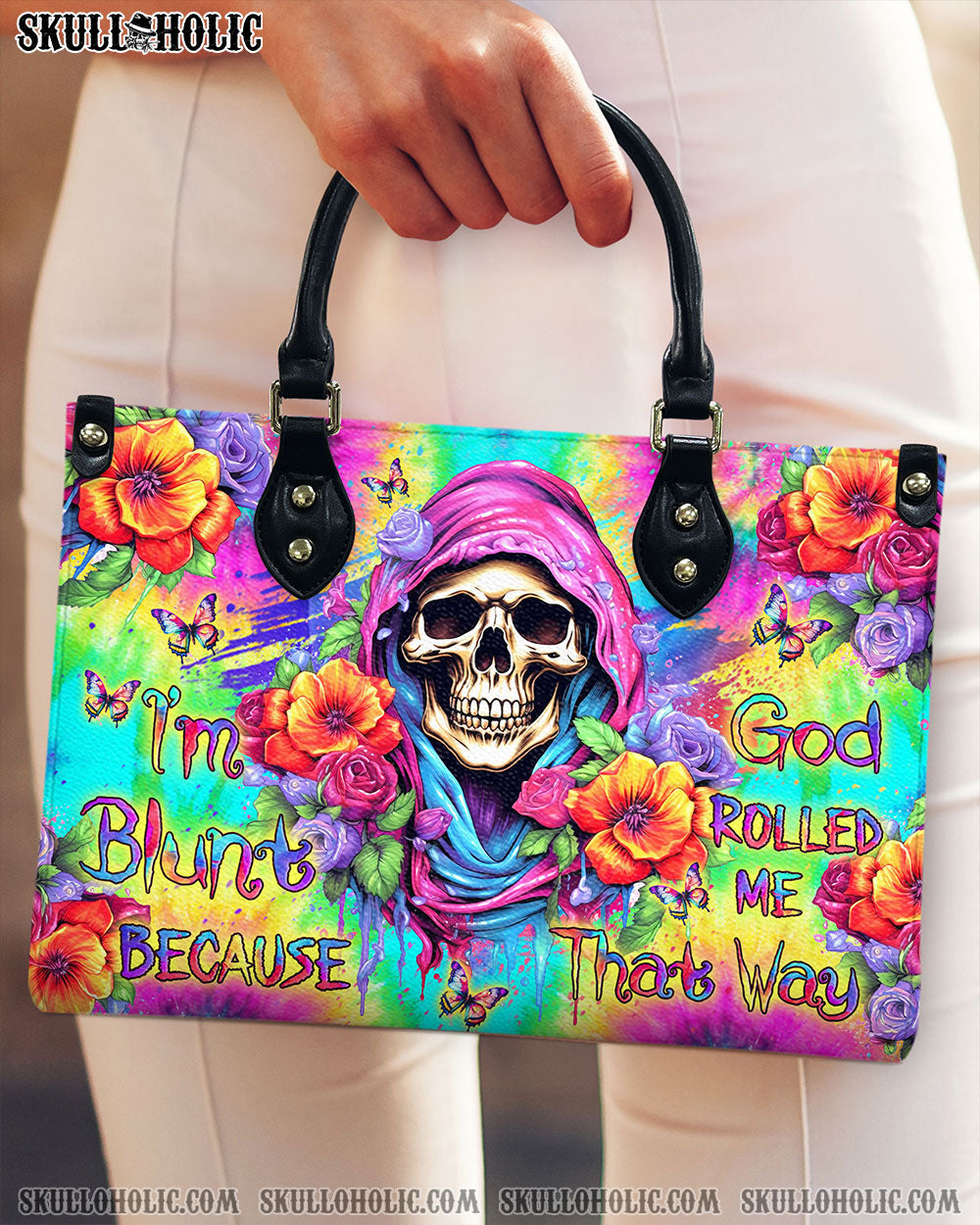 BLISSCORNERS I'M BLUNT BECAUSE GOD ROLLED ME LEATHER HANDBAG