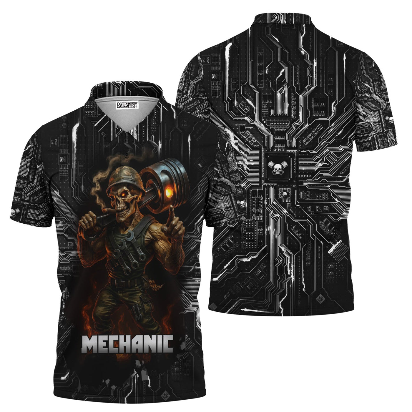 Blisscorners Mechanic Shirt Soldier Skull Holding Giant Engine Piston Design T Shirt All Over Printed