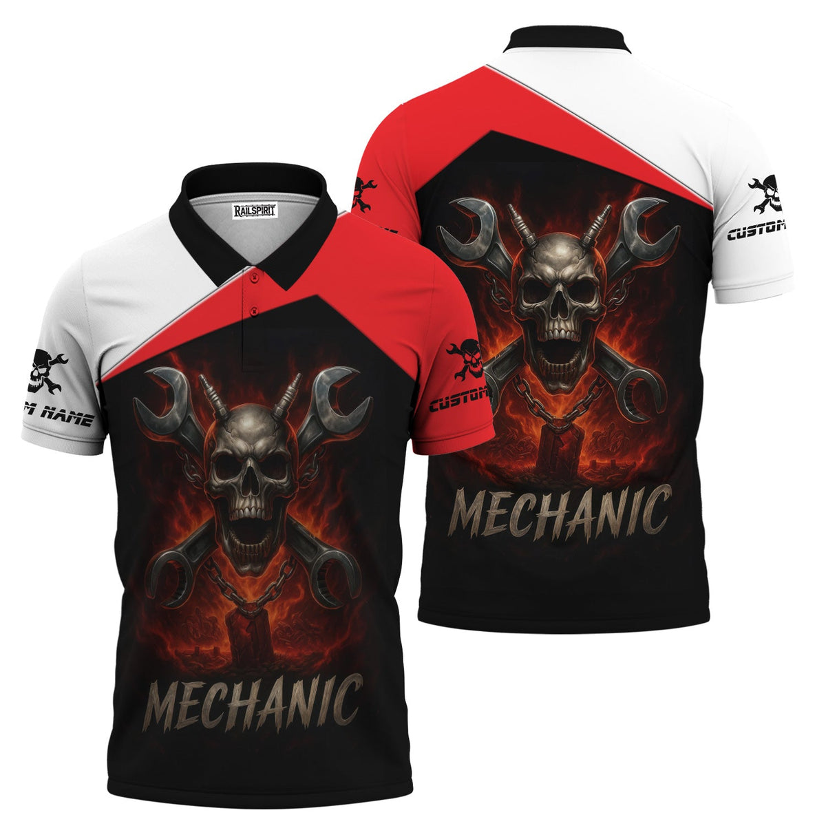 Blisscorners Custom Name Mechanic Shirt Wrench Flame Skull Design T Shirt