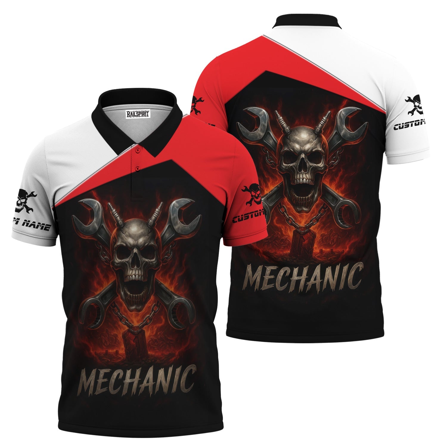 Blisscorners Custom Name Mechanic Shirt Wrench Flame Skull Design T Shirt
