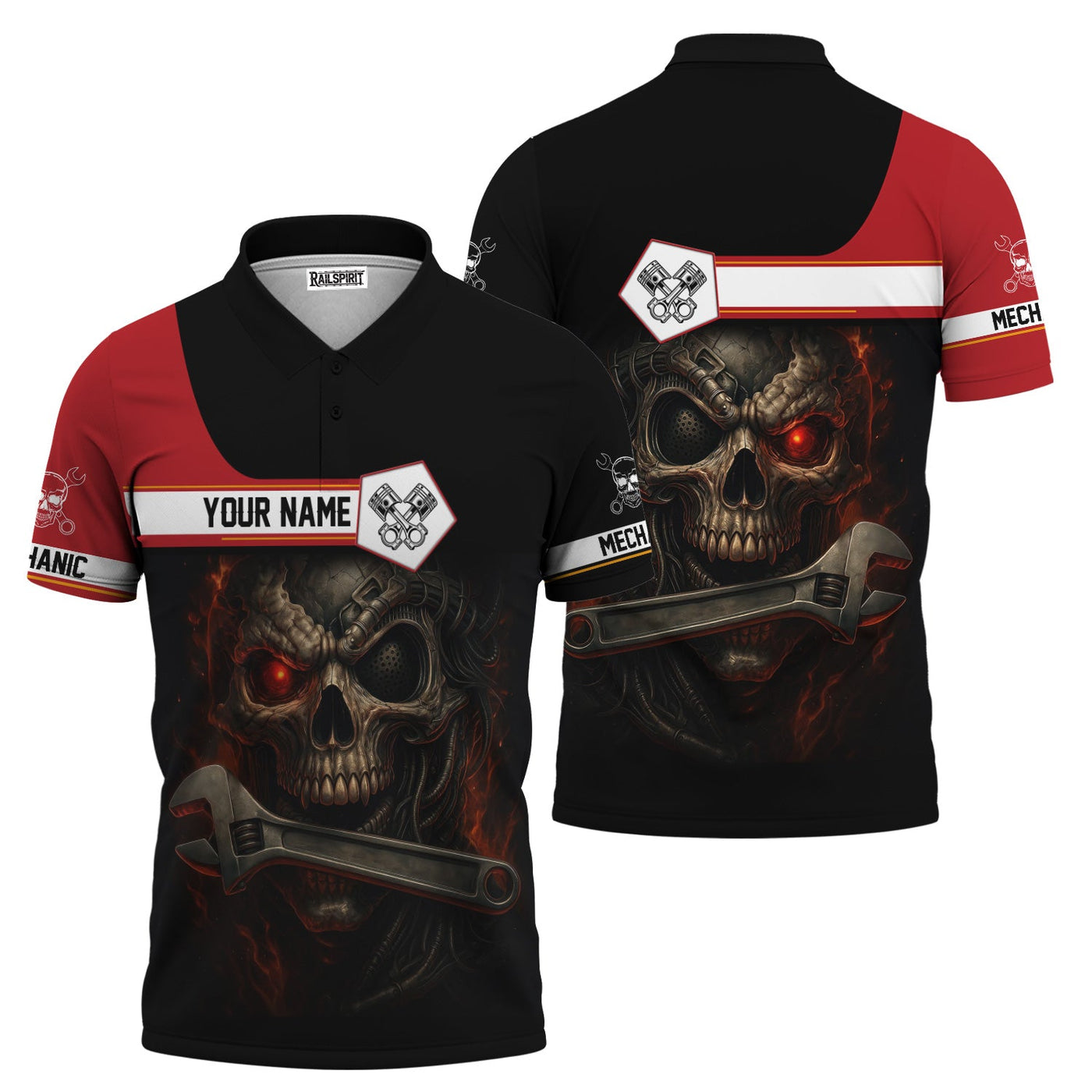 Blisscorners Custom Name Mechanic Shirt Cyber Skull with Wrench Design T Shirt