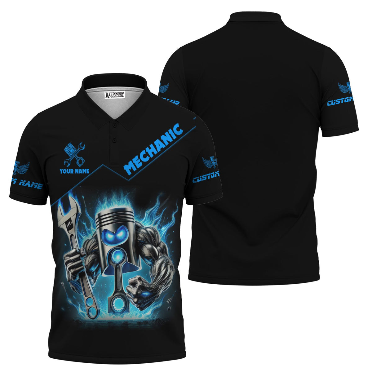 Blisscorners Custom Name Mechanic Shirt Blue Flame Muscle Engine Piston Holding Wrench T Shirt
