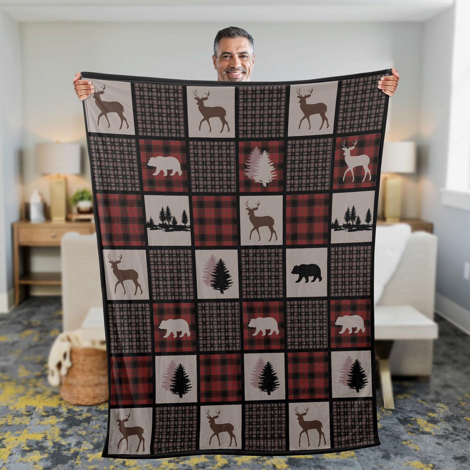 Blisscorners Rustic Hunting Cabin Fleece Blanket - Deer, Bear & Pine Tree - Cozy Gift for Hunters & Nature Lovers LM1611