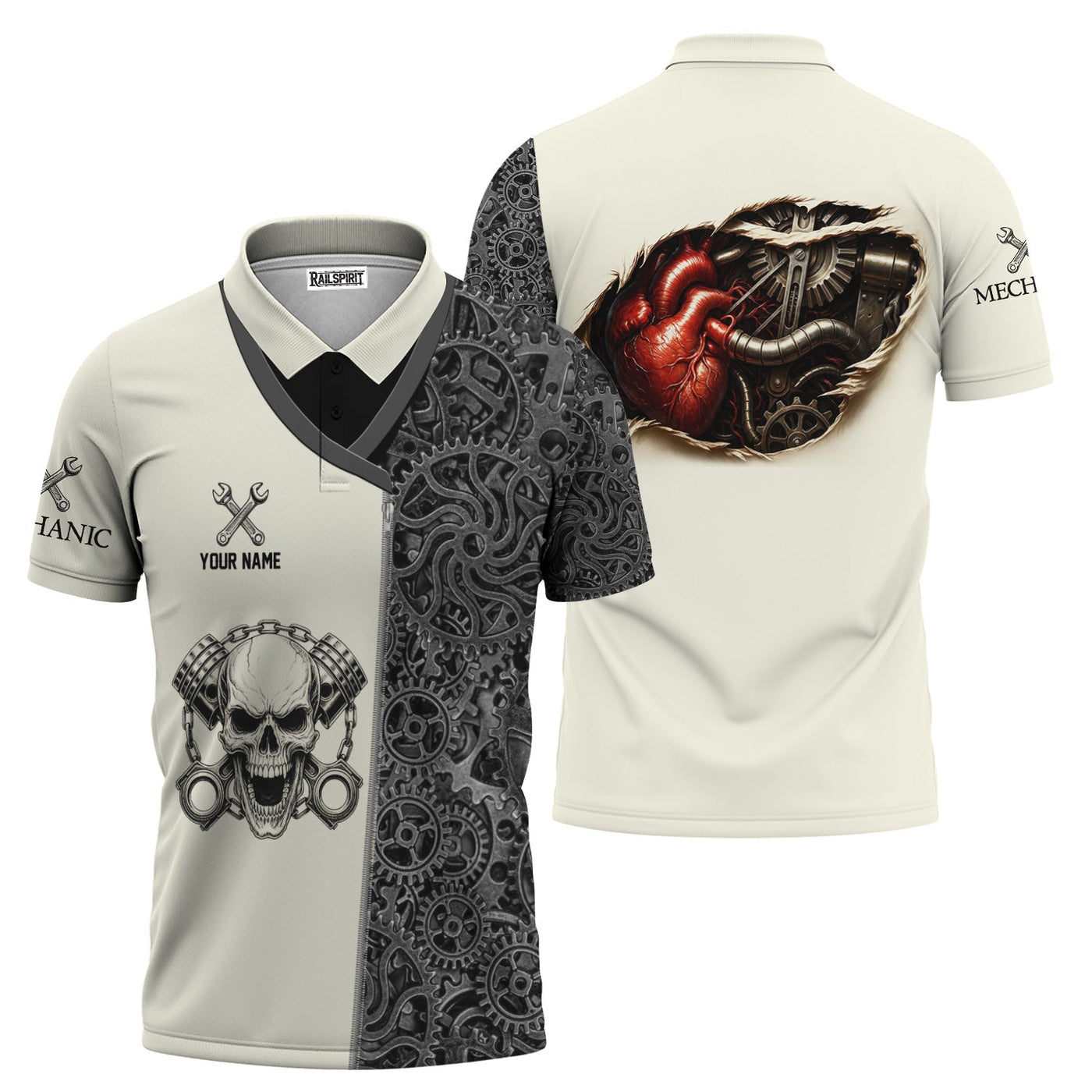 Blisscorners Custom Name Mechanic Shirt Skull with Engine Piston Design Gear Pattern T Shirt All Over Printed