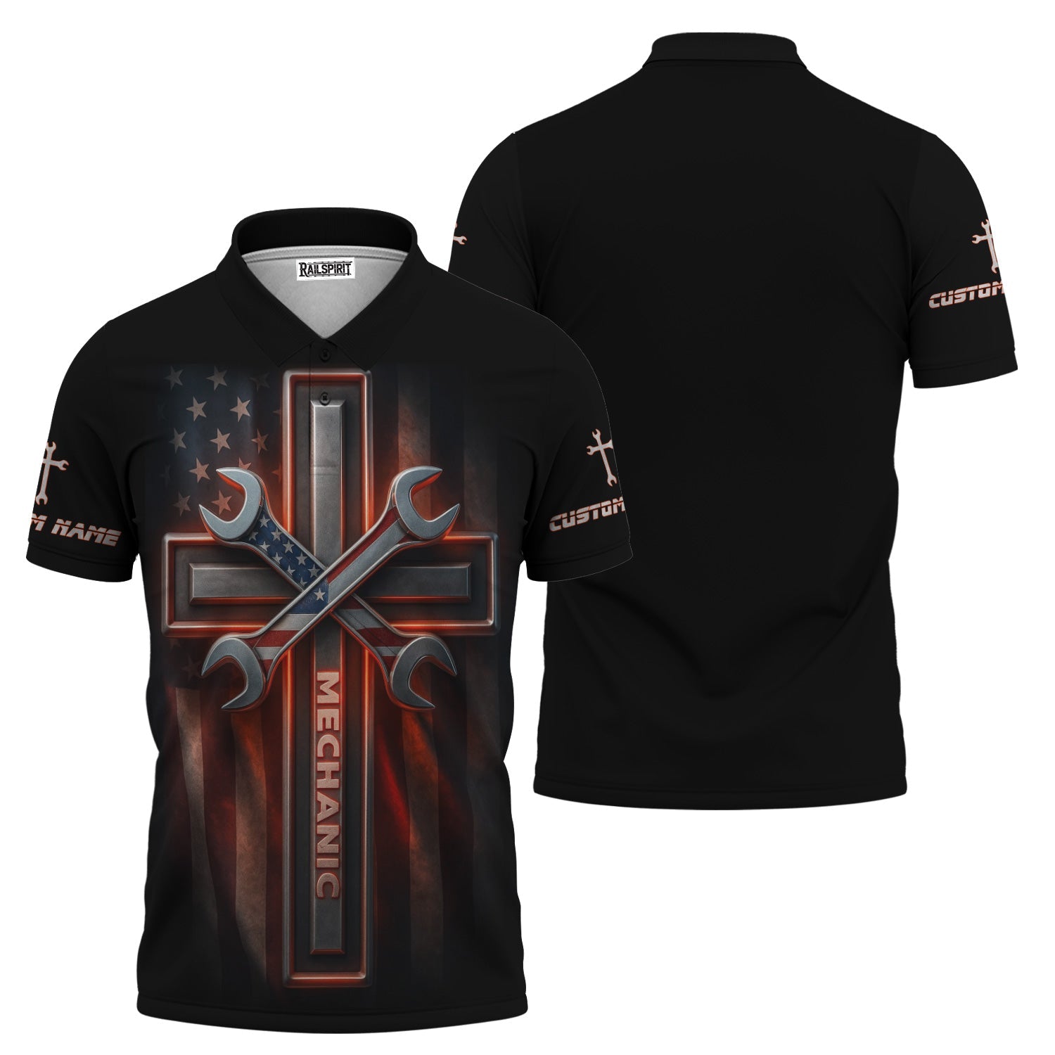 Blisscorners Custom Name Mechanic Shirt Wrench The Cross with USA Flag Design T Shirt