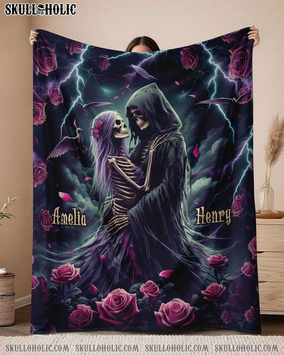 BLISSCORNERS PERSONALIZED SKULL COUPLE FLEECE BLANKET