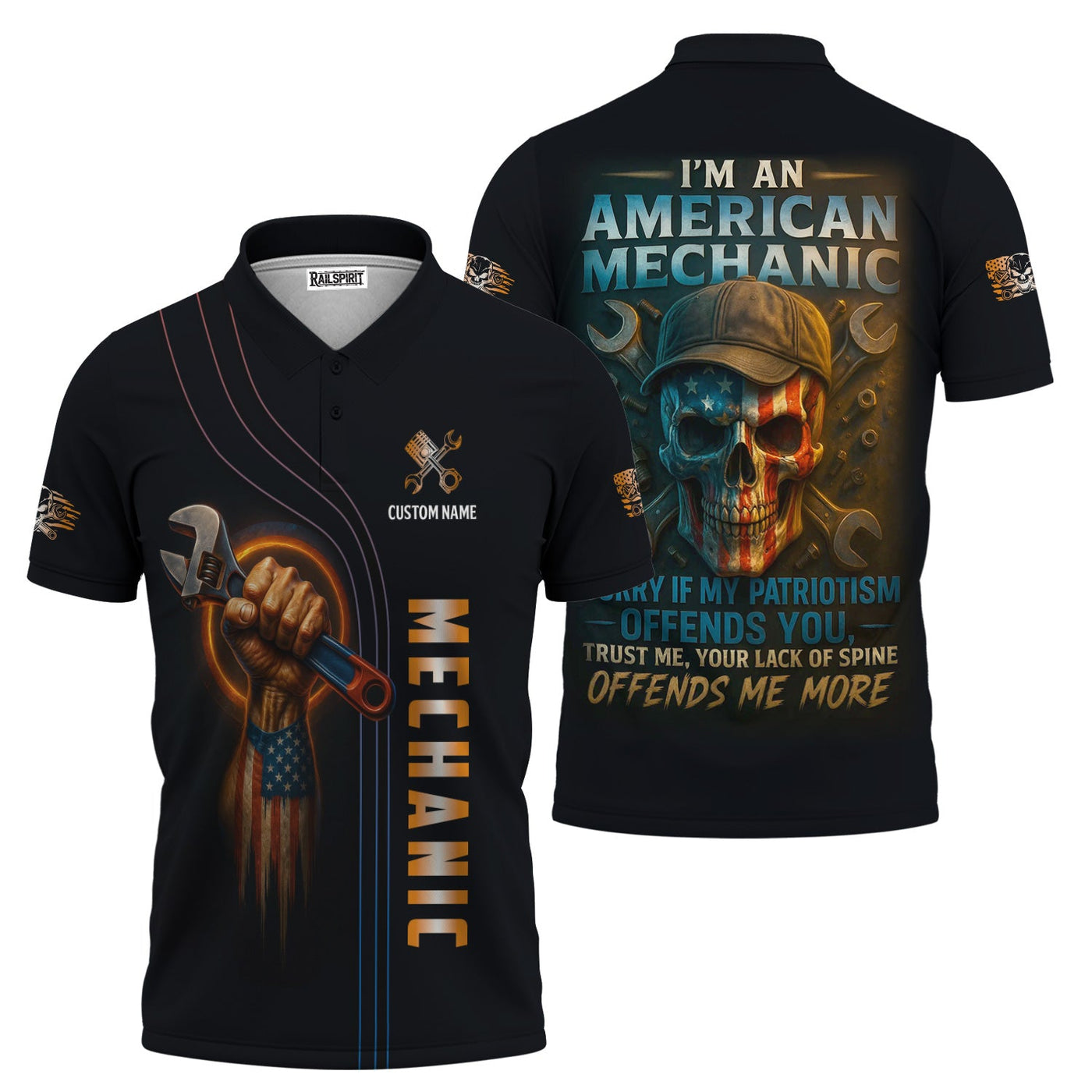 Blisscorners Personalized Mechanic Shirt, I'm An American Mechanic, USA Flag Skull Design, Gift For Men