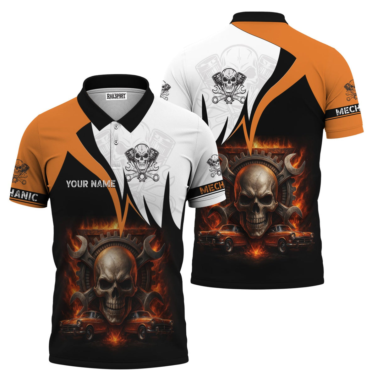 Blisscorners Custom Name Mechanic Shirt Flame Skull Wrench Gear Vintage Car Design T Shirt