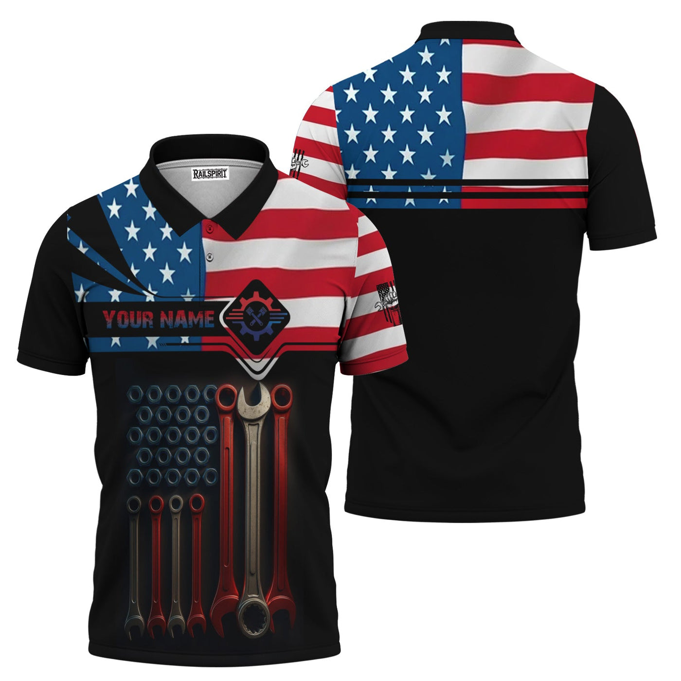 Blisscorners Custom Name Mechanic Shirt Wrenches with American Flag Design T Shirt