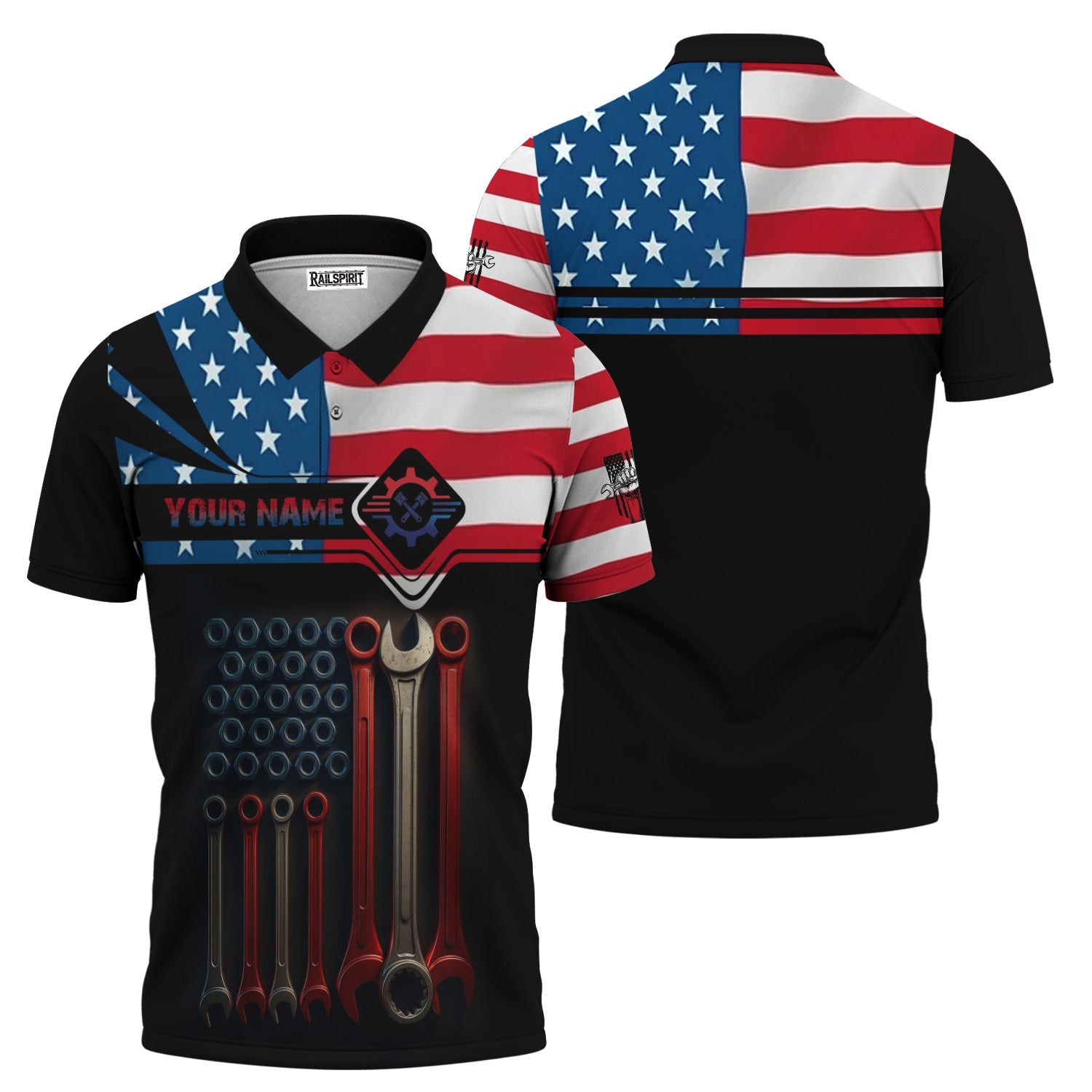 Blisscorners Custom Name Mechanic Shirt Wrenches with American Flag Design T Shirt