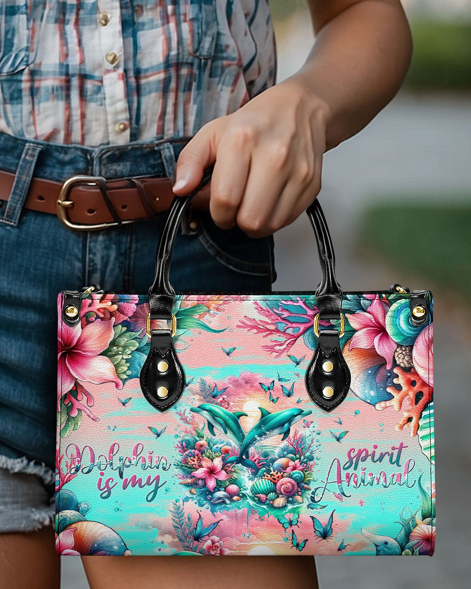 BLISSCORNERS DOLPHIN IS MY SPIRIT ANIMAL LEATHER HANDBAG