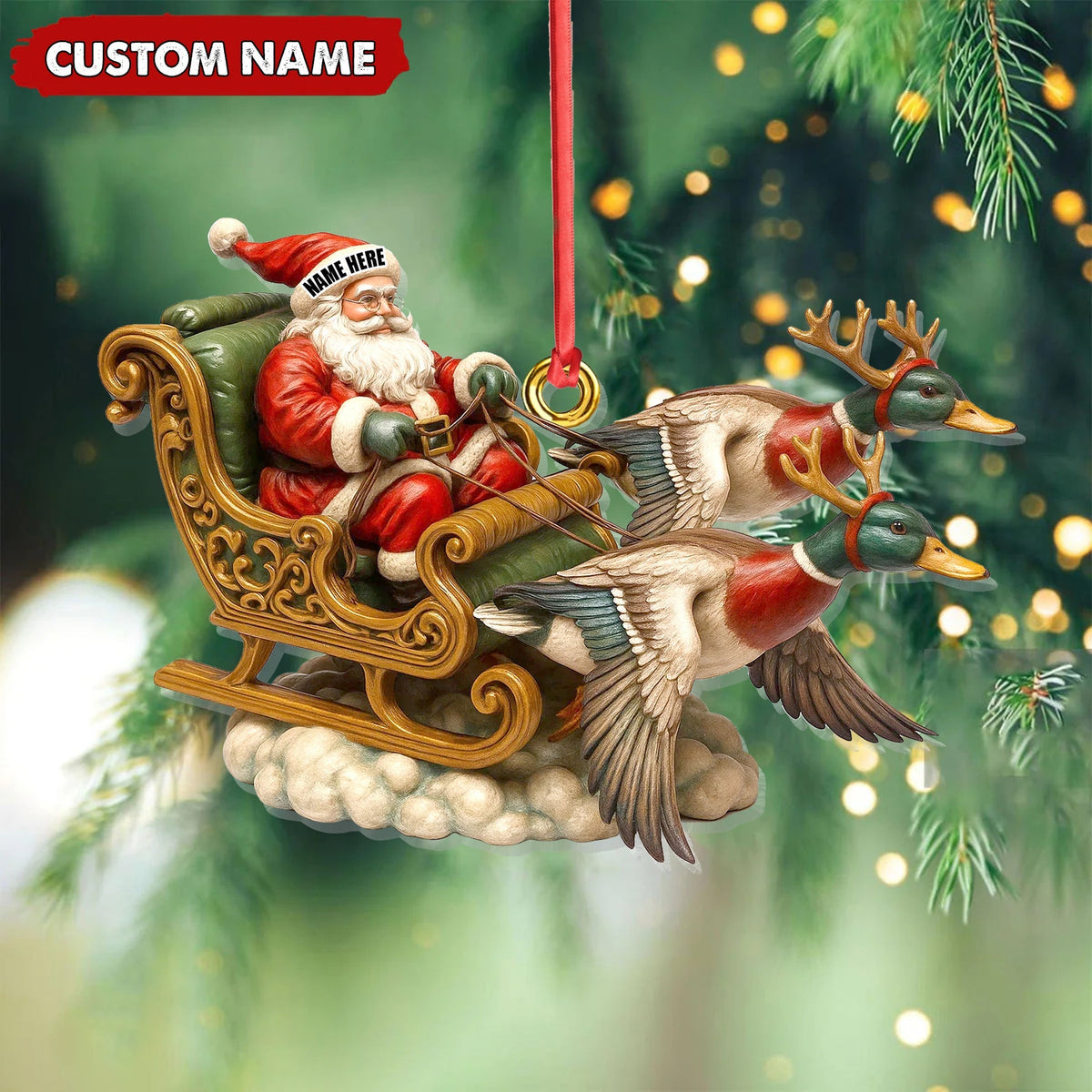 Blisscorners Personalized Santa Sleigh Duck Ornament, Custom Name Christmas Gift for Hunters LM0411
