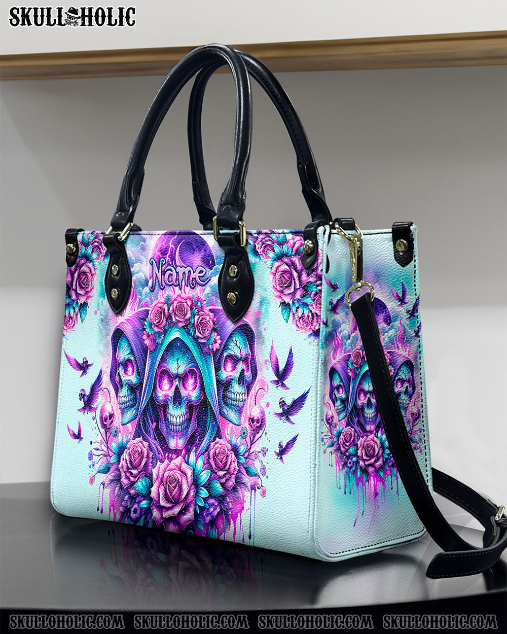 BLISSCORNERS THREE SKULL REAPER ROSES LEATHER HANDBAG