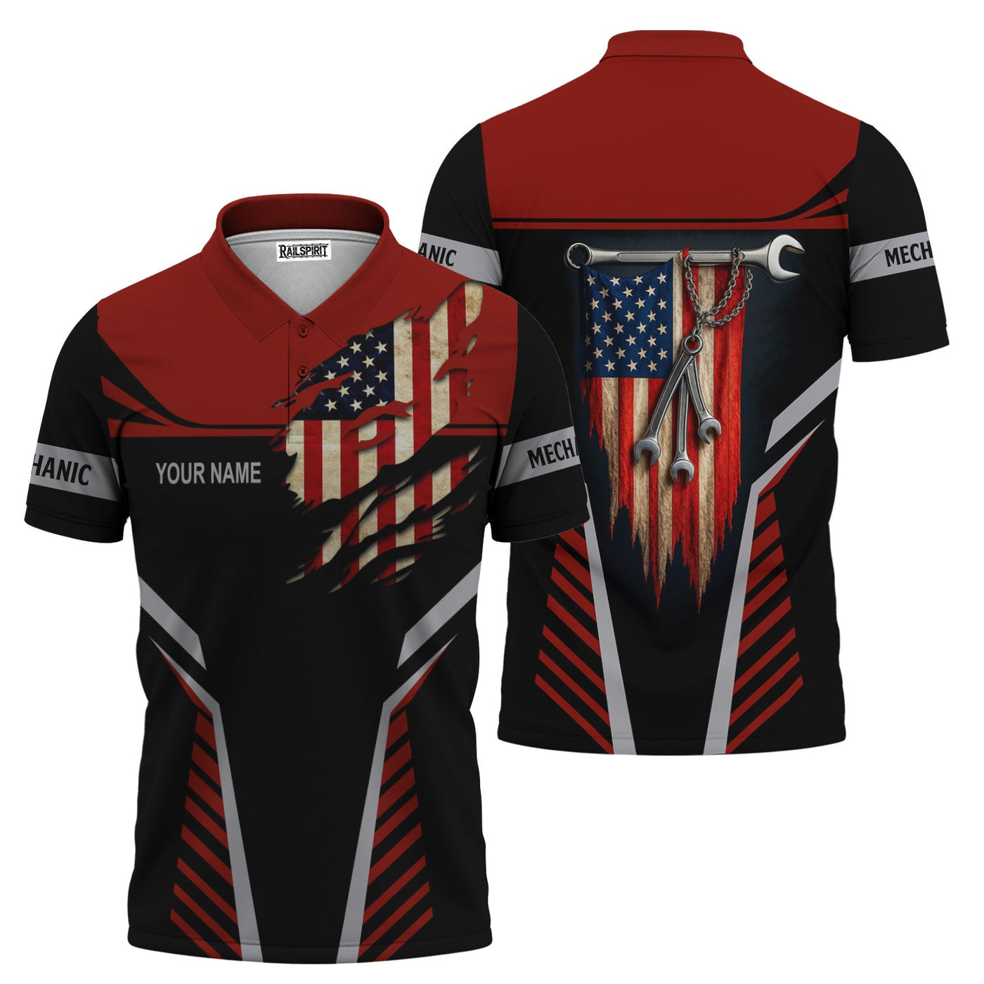 Blisscorners Personalized Mechanic Shirt, Wrenches and America Flag Design, Mechanic Uniforms, Gift For Men