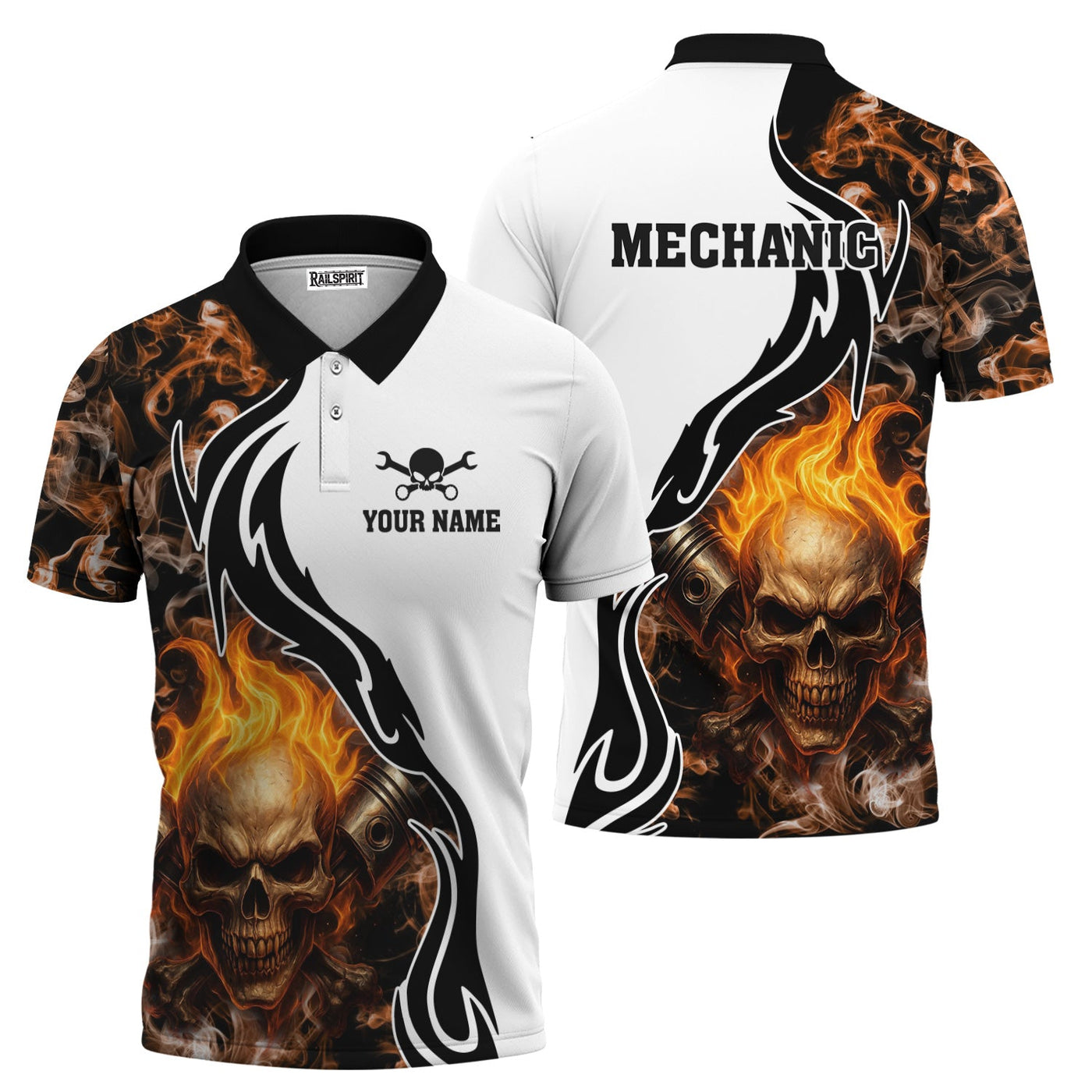 Blisscorners Personalized Mechanic Shirt, Skull Engine Piston Flame Design, Mechanic Uniforms, Gift For Men