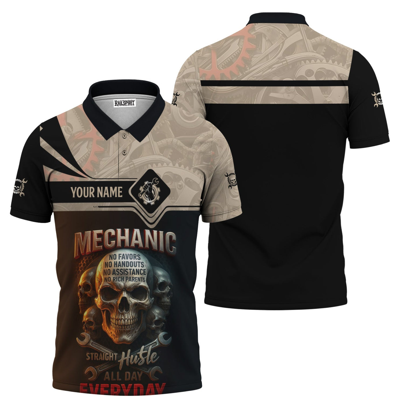 Blisscorners Personalized Mechanic Shirt, Straight Hustle All Day Everyday, Skull and Wrenchs Design, Gift For Men