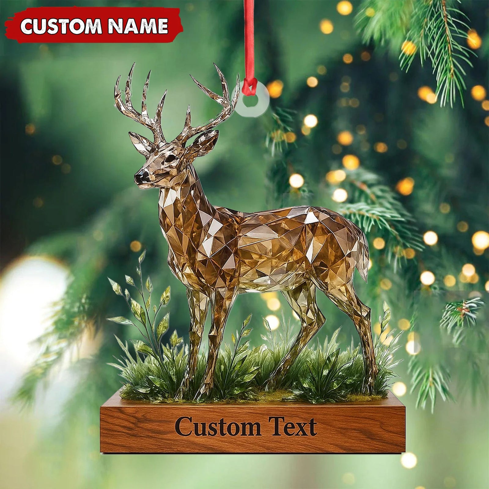 Blisscorners Personalized Geometric Deer Christmas Ornament, Custom Name Buck Hunter Gift, Crystal Style Woodland Holiday Decor MT2411