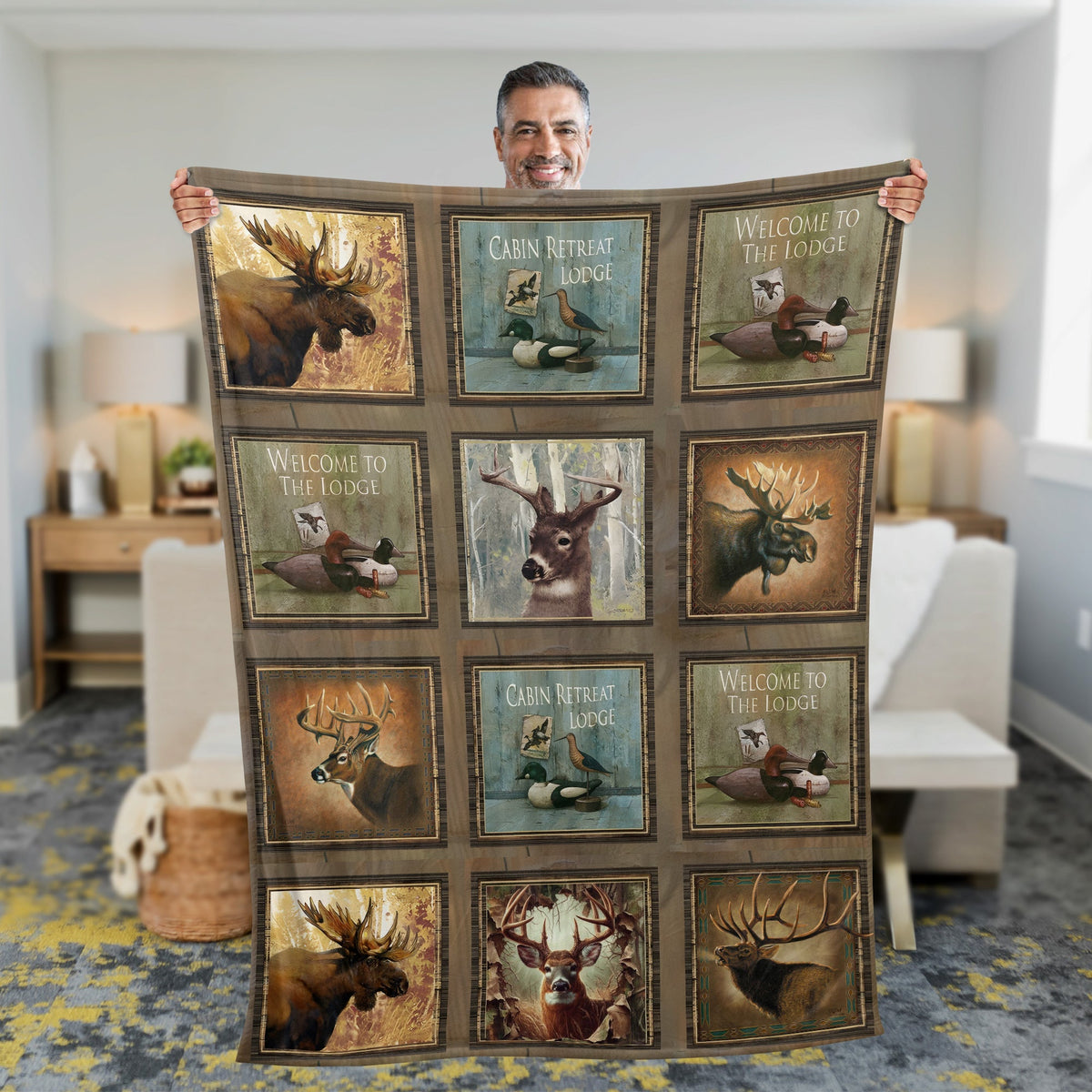 Blisscorners Rustic Wildlife Cabin Lodge Fleece Blanket - Deer, Moose, and Duck Hunting Retreat Fleece Blanket LM1611