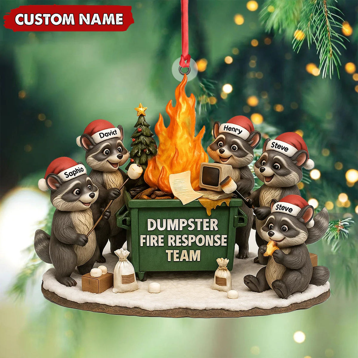 Blisscorners Personalized Dumpster Fire Response Team Christmas Ornament, Custom Name Raccoon Office Crew Gift, Funny Workplace Dumpster Fire Holiday Decor