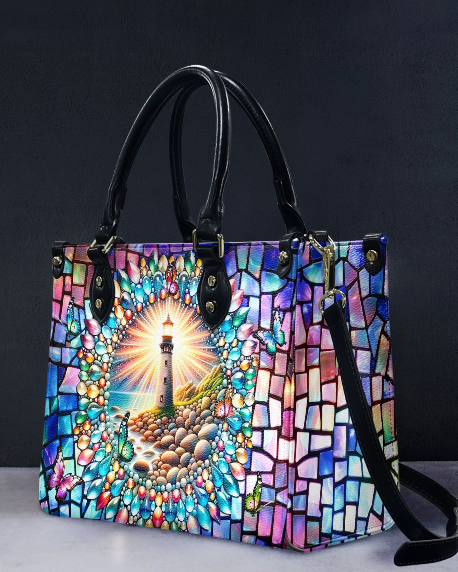 BLISSCORNERS LIGHTHOUSE STAINED GLASS LEATHER HANDBAG