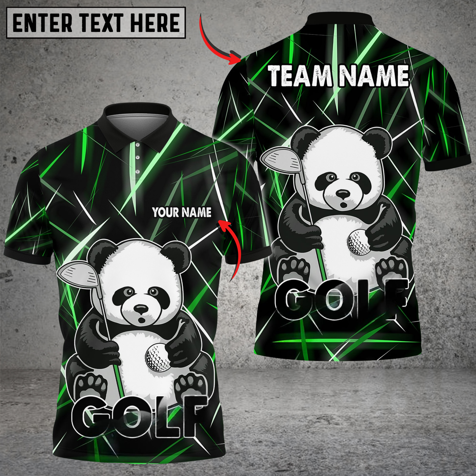 Blisscorners Neon Panda Swing Golf Polo Shirt, Customized Name & Team Name 3D Shirts (4 Colors)