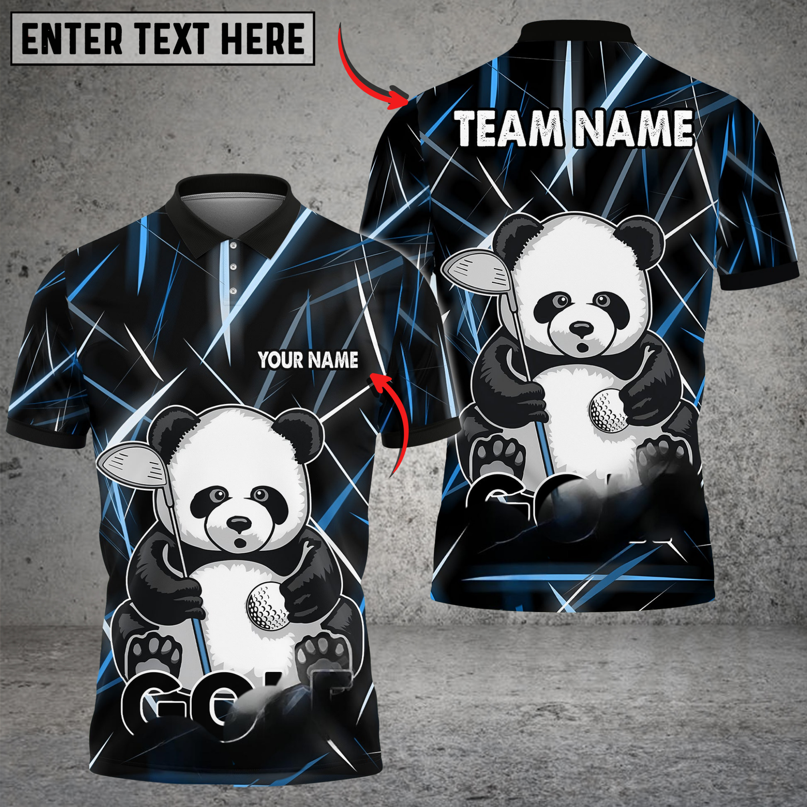 Blisscorners Neon Panda Swing Golf Polo Shirt, Customized Name & Team Name 3D Shirts (4 Colors)