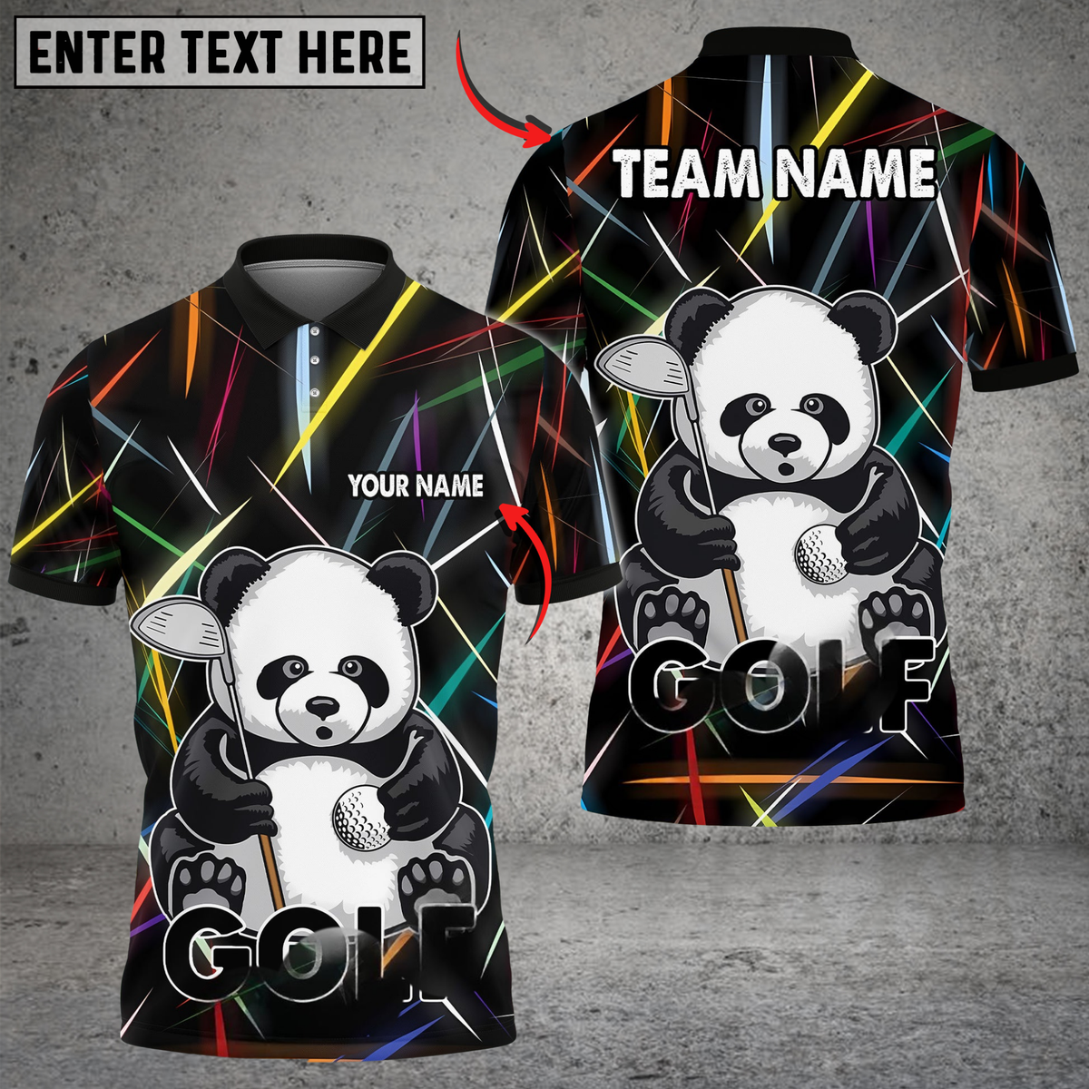 Blisscorners Neon Panda Swing Golf Polo Shirt, Customized Name & Team Name 3D Shirts (4 Colors)