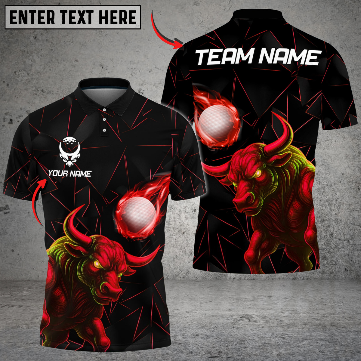 Blisscorners Power Strike Bull Golf Polo Shirt, Customized Name & Team Name 3D Shirts (4 Colors)
