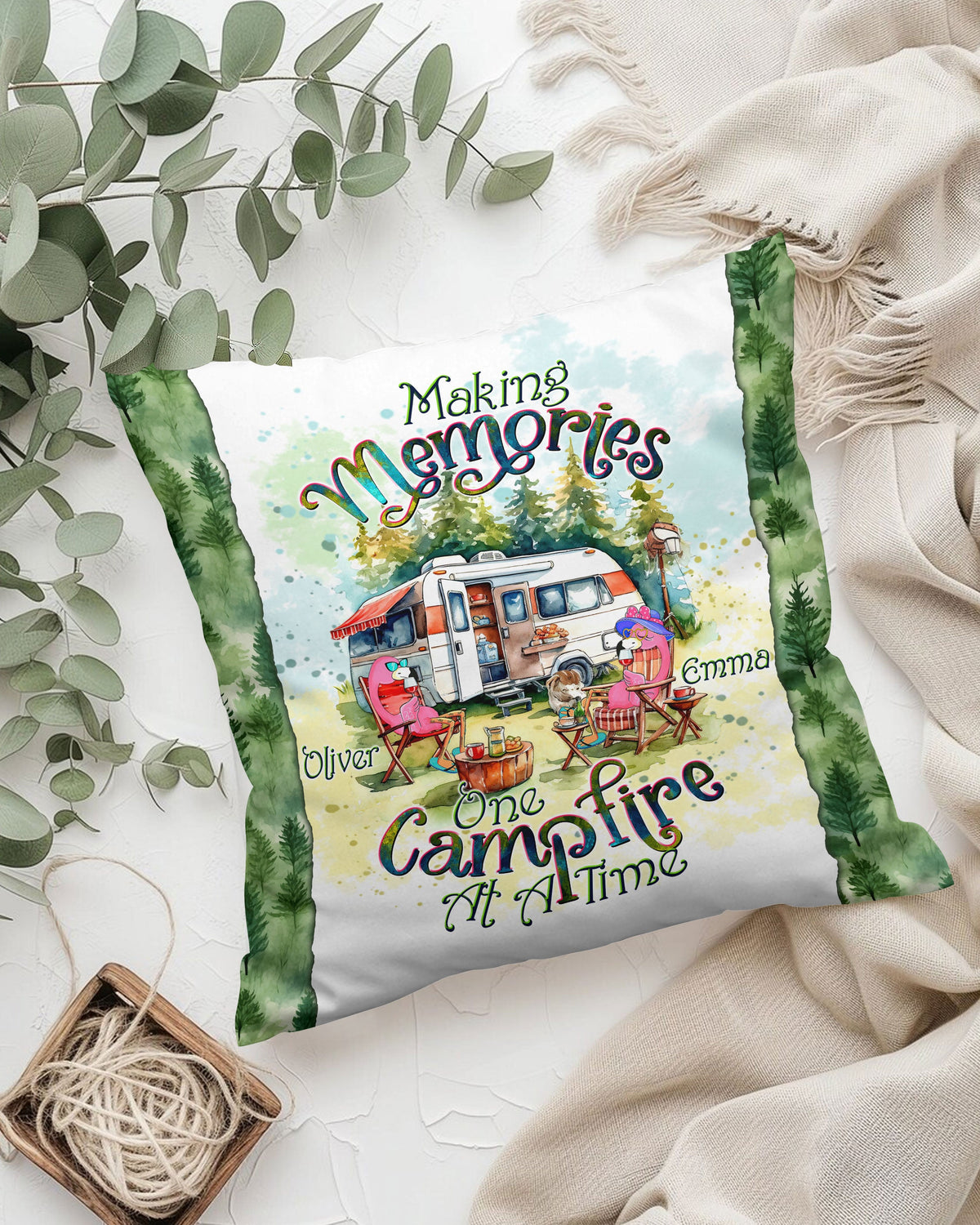 BLISSCORNERS PERSONALIZED MAKING MEMORIES ONE CAMPFIRE AT A TIME FLAMINGO PILLOW
