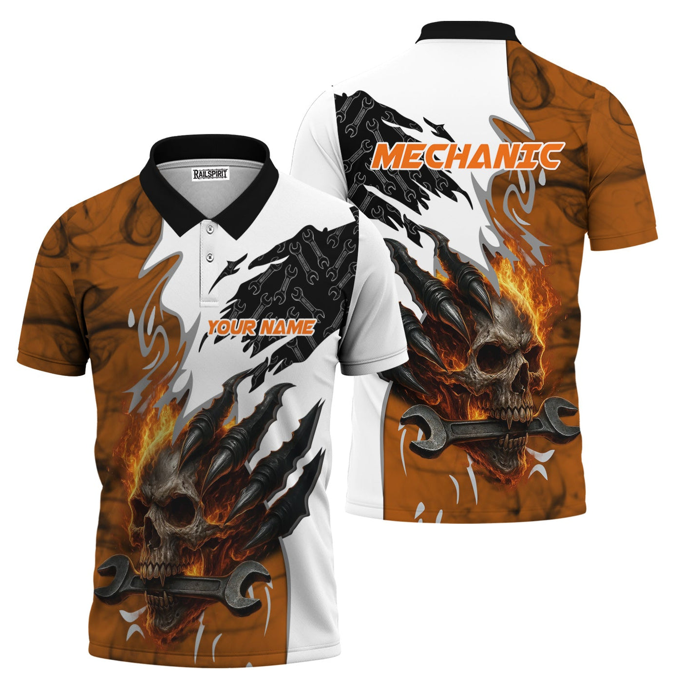 Blisscorners Personalized Mechanic Shirt, Skull Wrench Flame Claw Design, Mechanic Uniforms, Gift For Men