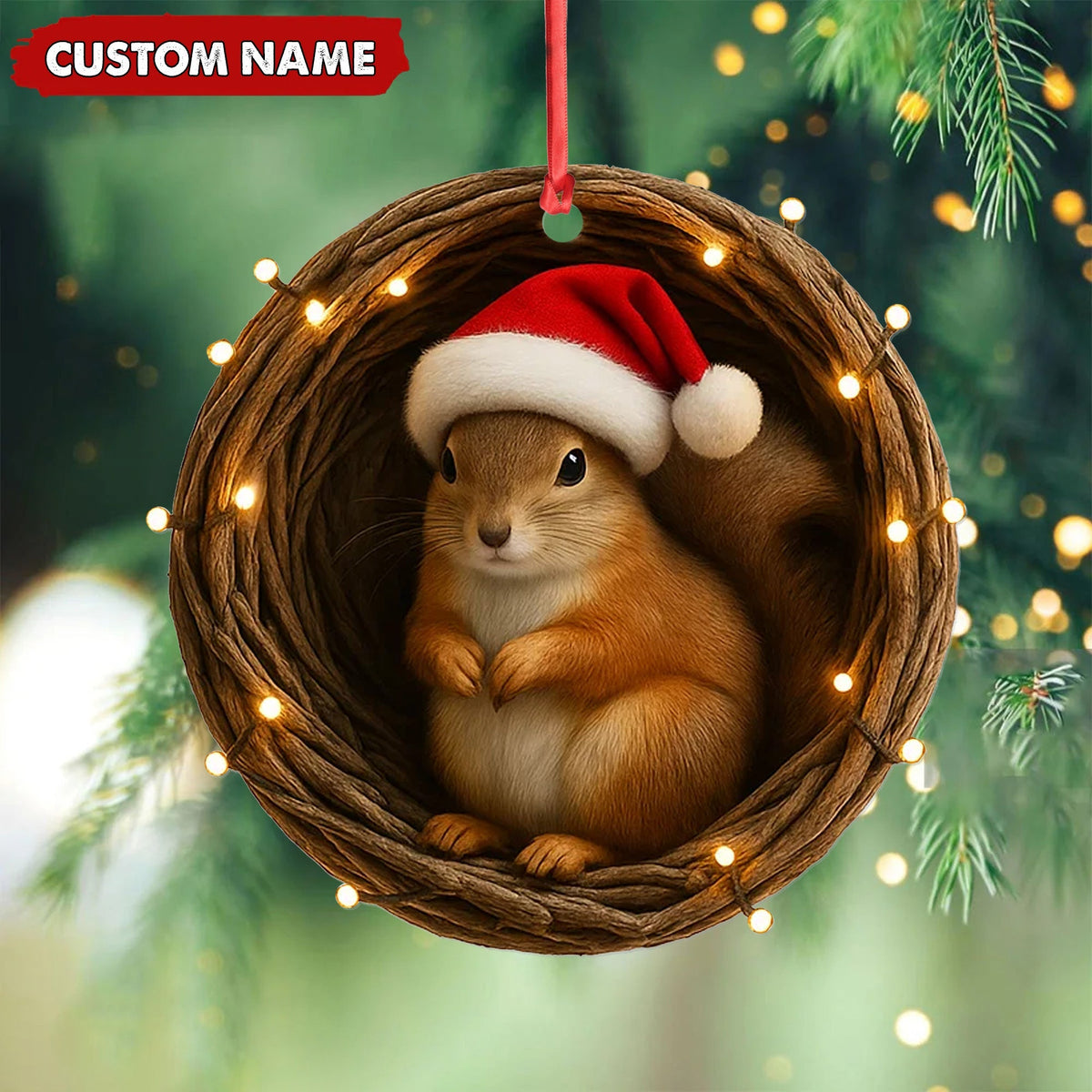 Blisscorners Personalized Squirrel Christmas Ornament, Custom Name Woodland Nest Santa Hat Decoration, Cute Holiday Tree Hanging Gift for Animal Lovers