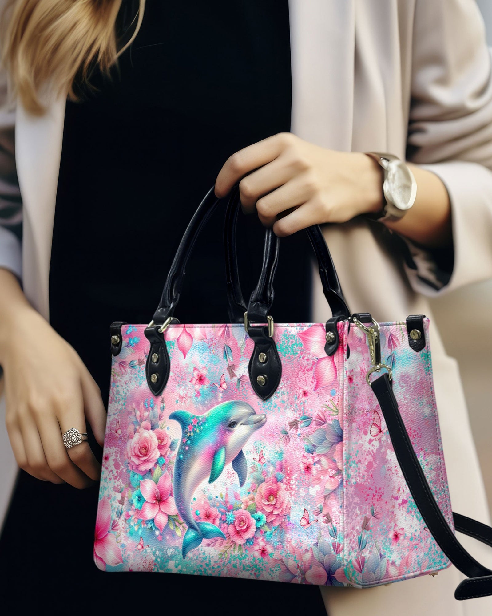 BLISSCORNERS DOLPHIN FLORAL LEATHER HANDBAG