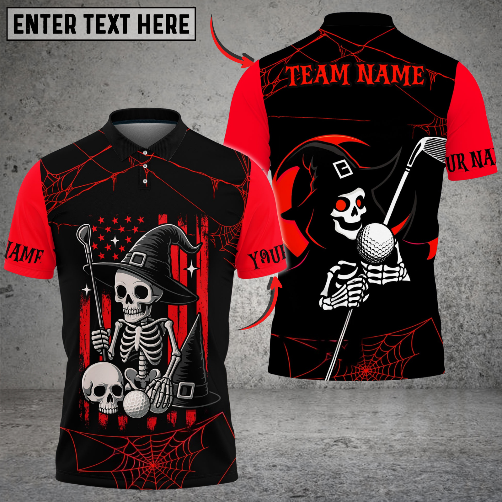 Blisscorners Halloween Swing Skeleton Golf Polo Shirt, Customized Name & Team Name 3D Shirts (4 Colors)