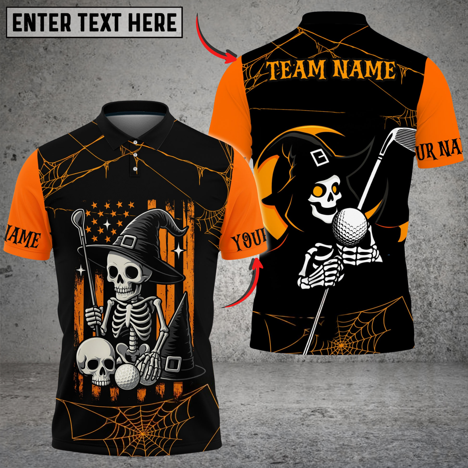 Blisscorners Halloween Swing Skeleton Golf Polo Shirt, Customized Name & Team Name 3D Shirts (4 Colors)