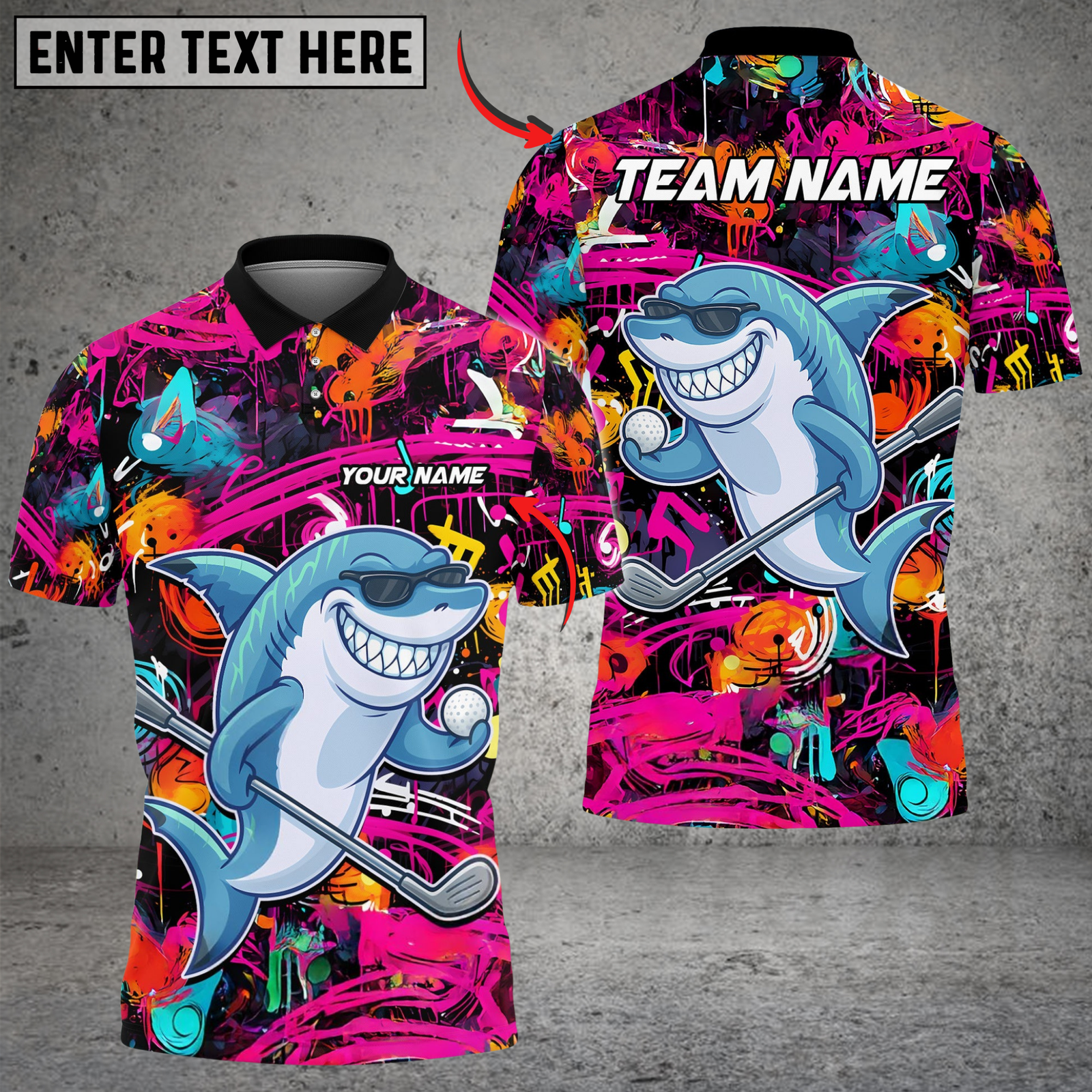 Blisscorners Shark Swing Graffiti Golf Polo Shirt, Customized Name & Team Name 3D Shirts (4 Colors)