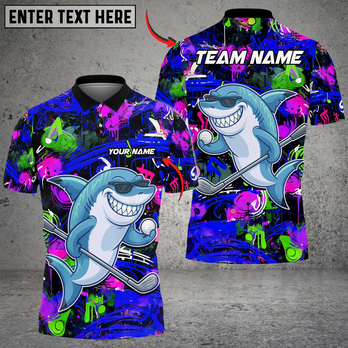 Blisscorners Shark Swing Graffiti Golf Polo Shirt, Customized Name & Team Name 3D Shirts (4 Colors)