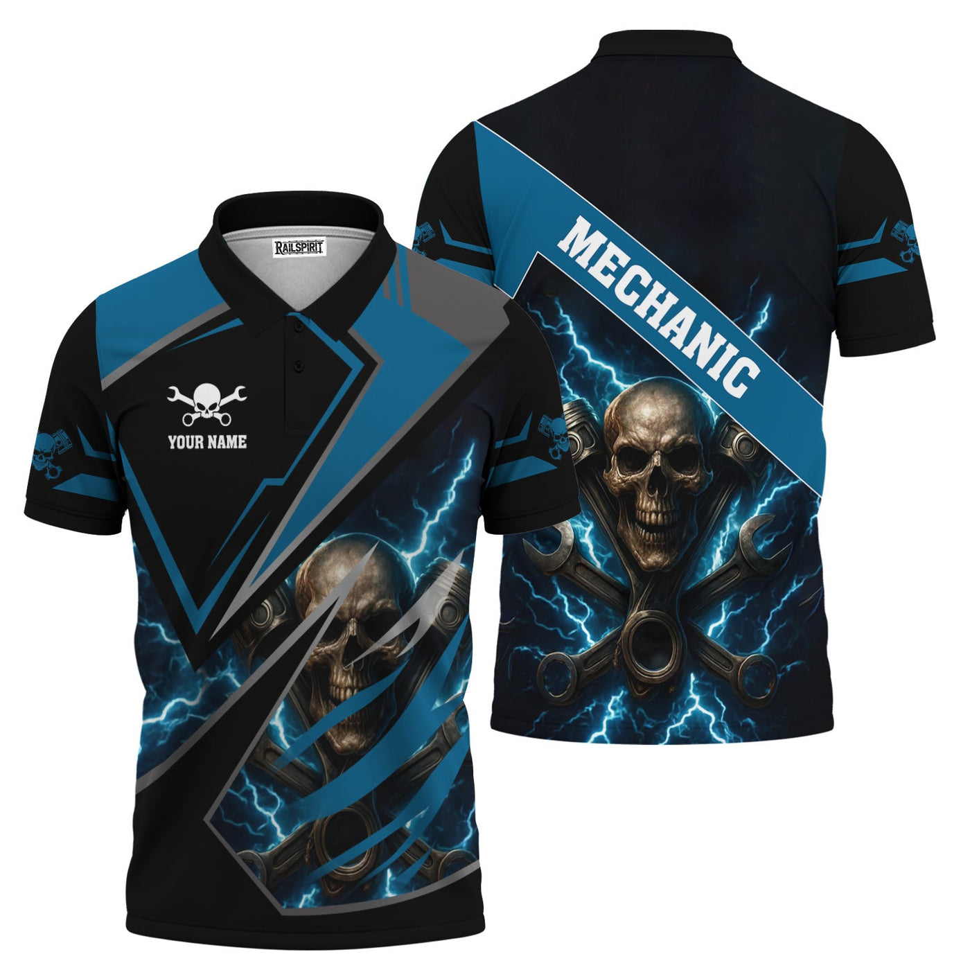 Blisscorners Personalized Mechanic Shirt, Skull Engine Piston Wrench Lighting Design, Mechanic Uniforms, Gift For Men