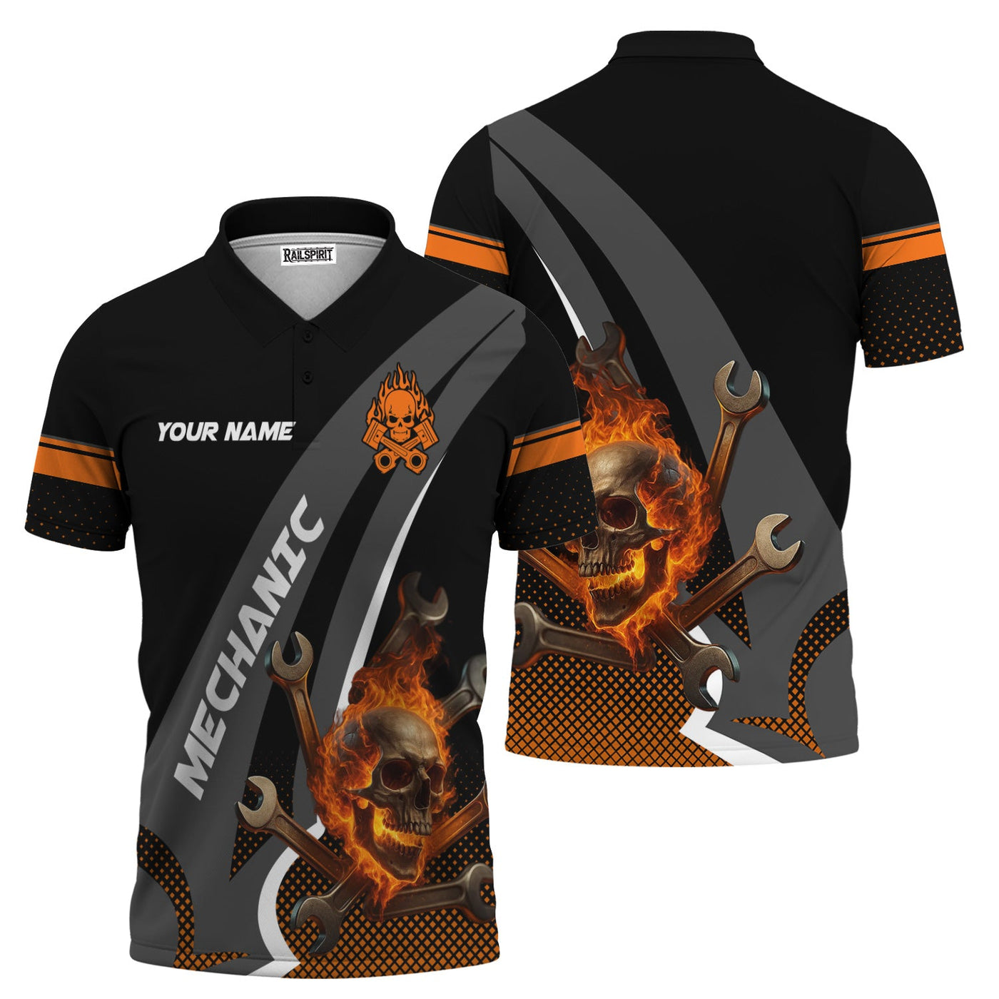 Blisscorners Personalized Mechanic Shirt, Skull Wrenches Flame Design, Mechanic Uniforms, Gift For Men