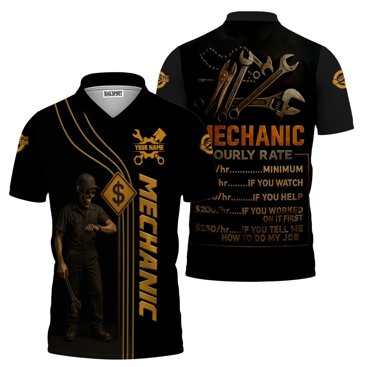 Blisscorners Personalized T-Shirt Mechanic Hourly Rate Skull Looking Watch Design Shirt for Mechanics
