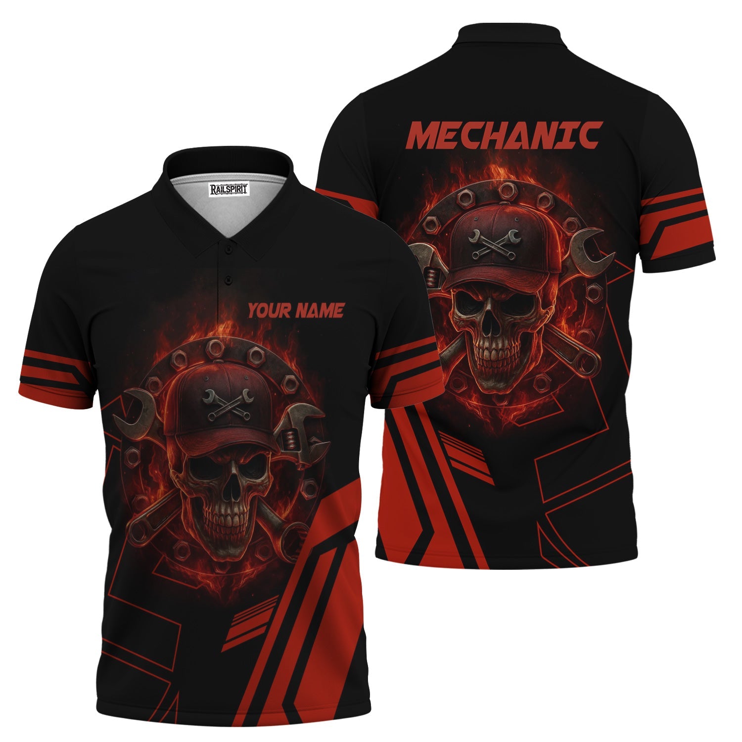 Blisscorners Custom Name Mechanic Shirt Mechanic Skull Red Unisex T Shirt All Over Print