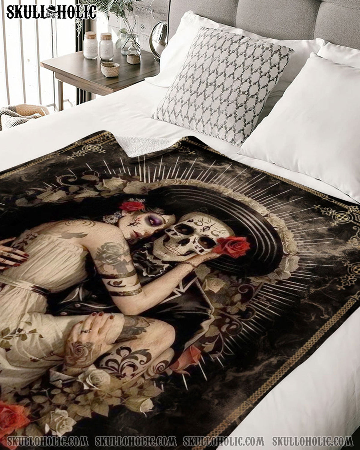 BLISSCORNERS PERSONALIZED VINTAGE SKULL COUPLE FLEECE BLANKET